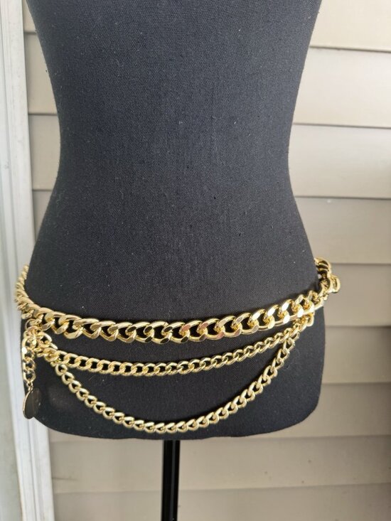 Belt Long Rope Link Chain Shiny Goldtone Adjustable 3 Layer Women\'s Y2K 33\